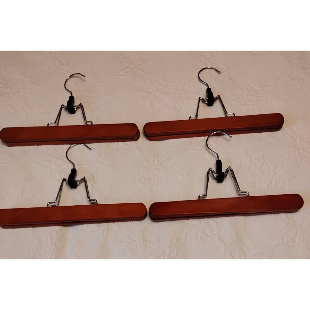 Four Wooden Pants Skirt Hangers, Smooth Finish Solid Wood Non Slip Clamp